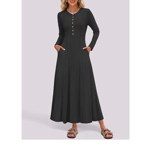 Women’s Size S Long Sleeve Knit Maxi Dress A-Line Pleated ZESICA Black Pockets